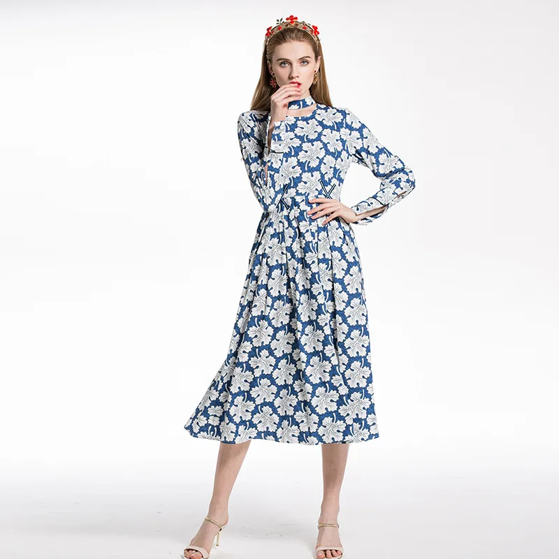 

High Quality New Splicing Net Yarn Hanging Neck Long Skirt Sexy Hollow Flower Print Long Sleeve Dress Women's Clothing