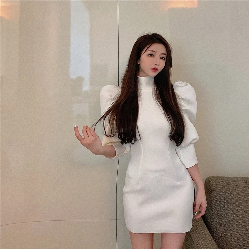 

Women Dress 2021 Spring Turtleneck Puff Half Sleeve Slim Bodycorn Vestidos Femme Solid Korean Elegant Dresses