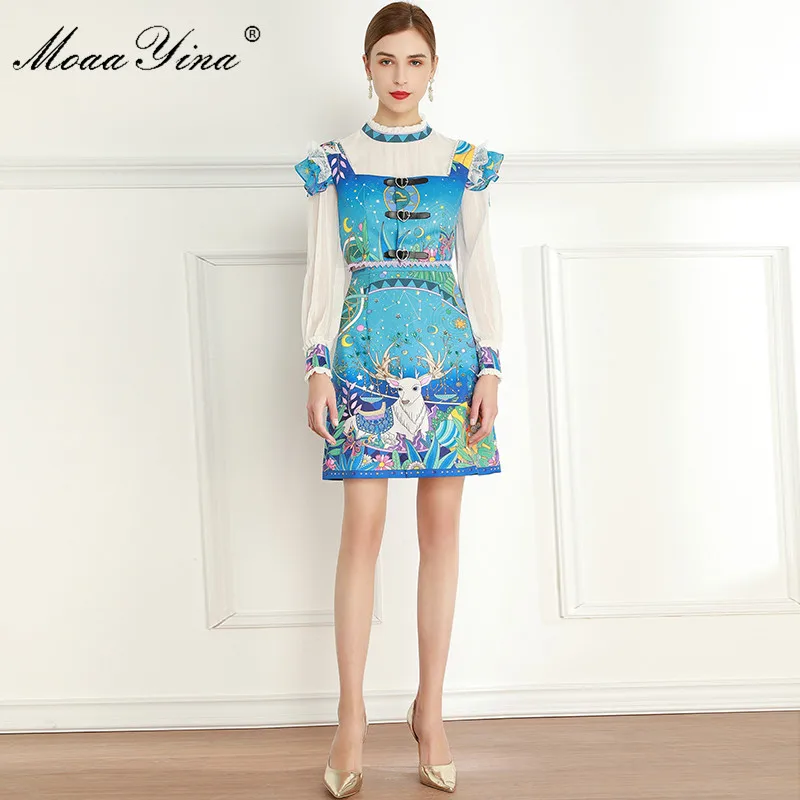 

MoaaYina Spring Fashion Women's Dress Ruffles Long sleeve Bright starry sky Print Dresses+Beaded lace-up Small sling