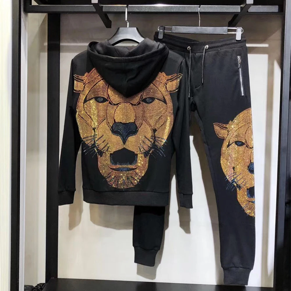 Брендовая одежда мужские спортивные штаны Стразы с большим львом свитшот