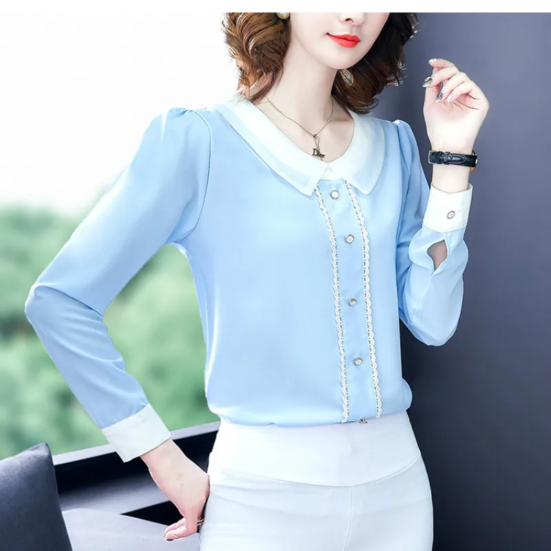 Женские блузки blusa mujer moda с круглым отложным воротником и длинным рукавом, шифоновые Женские топы и блузки размера плюс, женские топы 6933 50