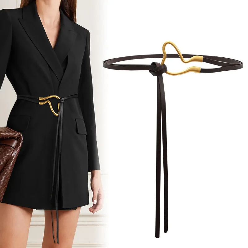 

New Design Knot Belts All Match Thin Genuine Leather Waistbands For Coat Black Long Soft Cowskin Knotted Cummerbunds Dress Girl