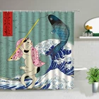 Японская душевая занавеска Ukiyoe для рыбалки, кошки, домашних животных, экран для ванной с принтом волн, подвесная занавеска для ванной, декоративная моющаяся ткань для ванны