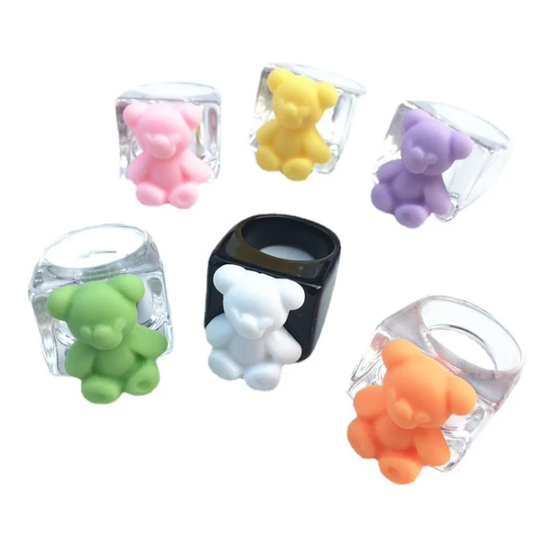 

Bear Animal Acrylic Rings Cartoon Colorful Resin Transparent Wide Finger Ring