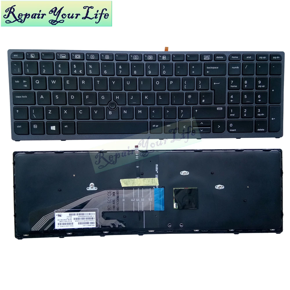 

laptop keyboard For HP ZBOOK 15 G3 17 G3 G4 UK English with backlit pointer original blue kb grey frame backlight