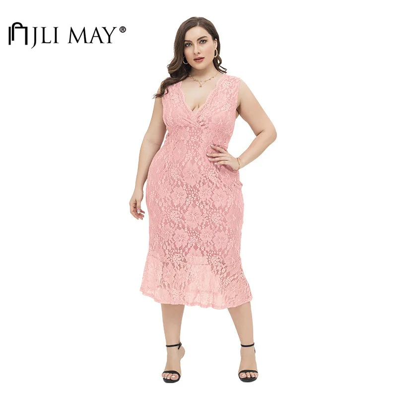 Платье JLI MAY женское однотонное с V-образным вырезом ажурное милое пикантное