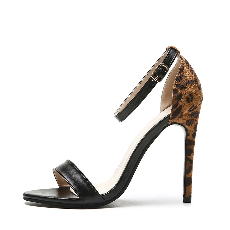 

Woman Sandals Leopard Thin High Heel Ladies Shoes Peep Toe Ankle Buckle Strap Females Solid Shoes Pu Leather 2021 Summer New