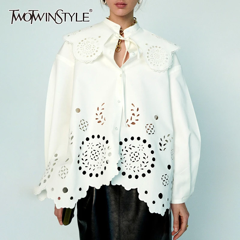 Женская ажурная блузка TWOTWINSTYLE Повседневная Блузка с воротником-стойкой длинными