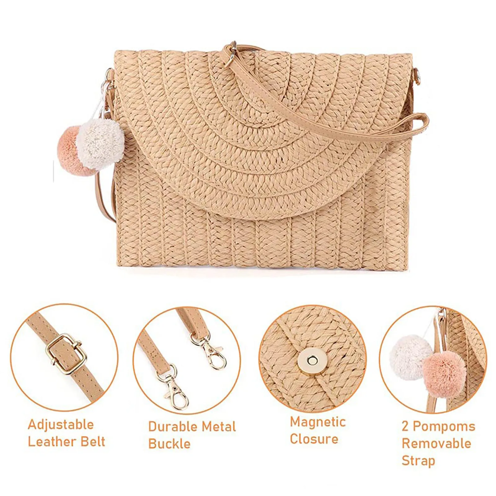 

MAIOUMY Bag Women's Summer Beach Handbag Fashion Pompon Envelope Purse Wallet Outdoor Travel Solid Woven Casual Crossbody Bag
