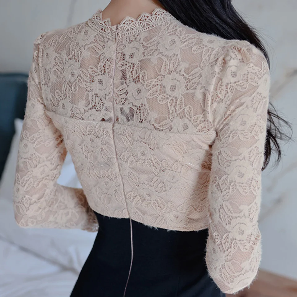 Женское офисное платье весеннее привлекательное Кружевное облегающее черное