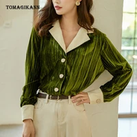 blackish green women tops and blouses retro folds notched collar velour woman shirt 2022 spring blusas mujer