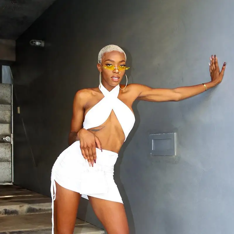 

2021 Summer Womens Two 2 Piece Sets Halter Crop Top Ruched Drawstring Mini Skirts Bodycon Sexy Streetwear Party Clubwear Outfits