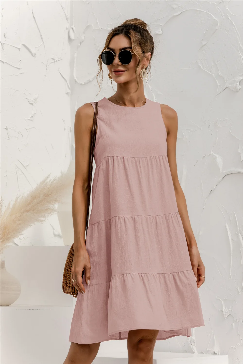 

2022 Summer Women Vest Dress Cotton O-neck Sleeveless Solid Midi Dress Stitching Large Swing Casual Loose Dress Vestido Sundress