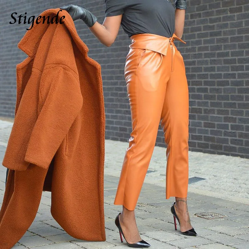 

Stigende Women Sexy Pu Leather Pants Casual High Waist Stretch Fake Leather Pants Ladies Pocket Zipper Trousers Pantalones Mujer