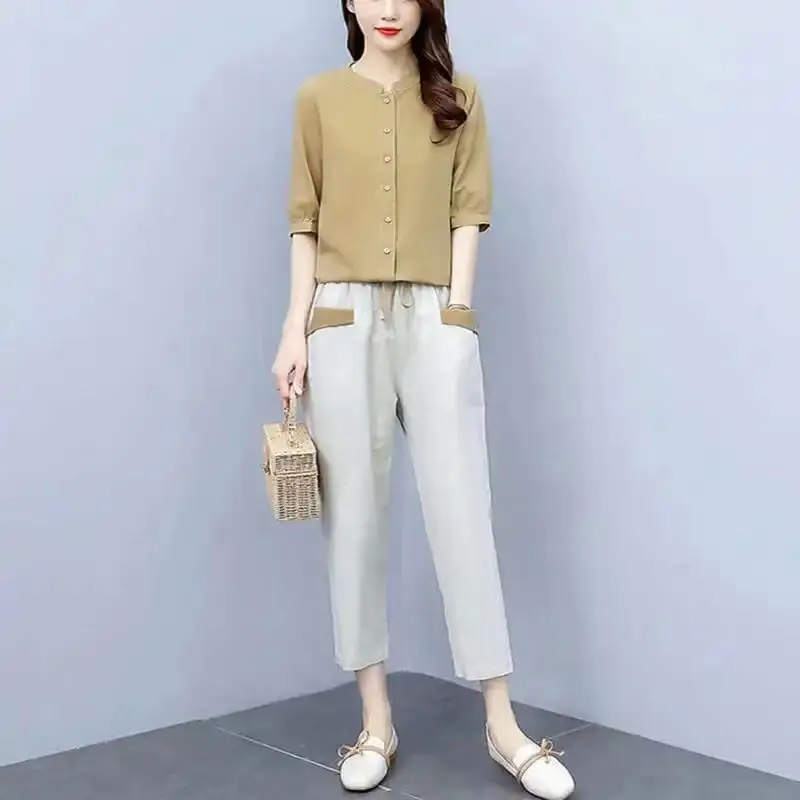 One-Piece/Suit Cotton Linen Women 2022 New Women's Short-Sleeved Shirt Nine-Point Pants Two-Piece Female Top Set  L658