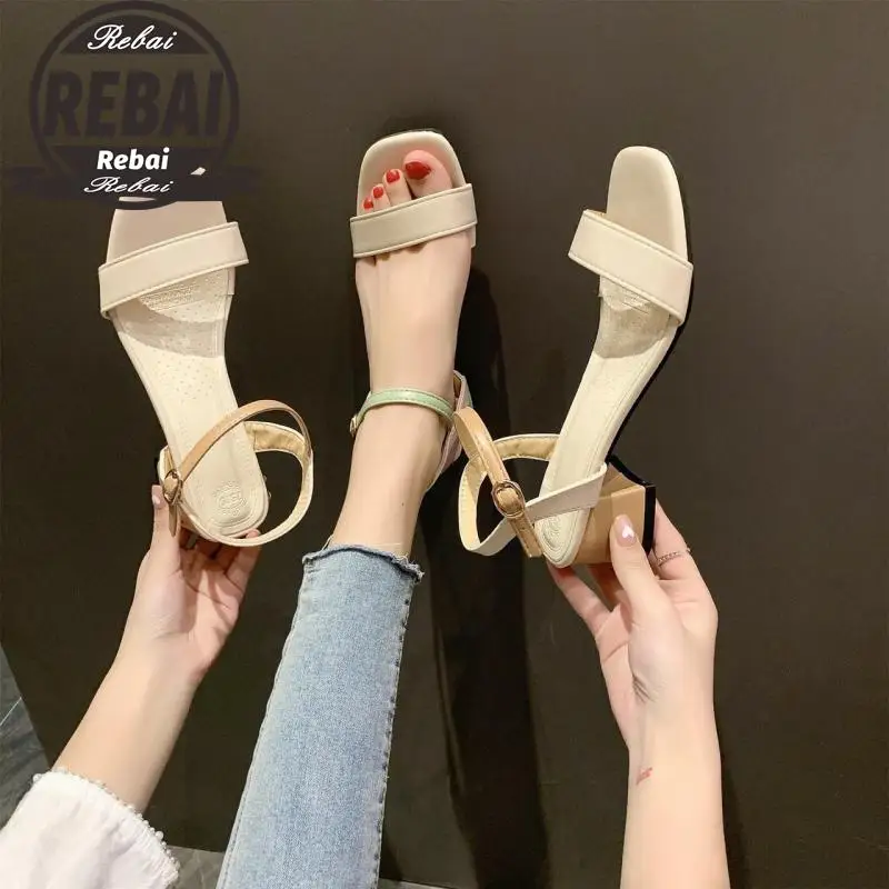 

Large Size Beige Heeled Sandals 2021 Women's Buckle Low-Heeled Shoes With Strap Big Black New Leather Low-heeled Clear Fashion