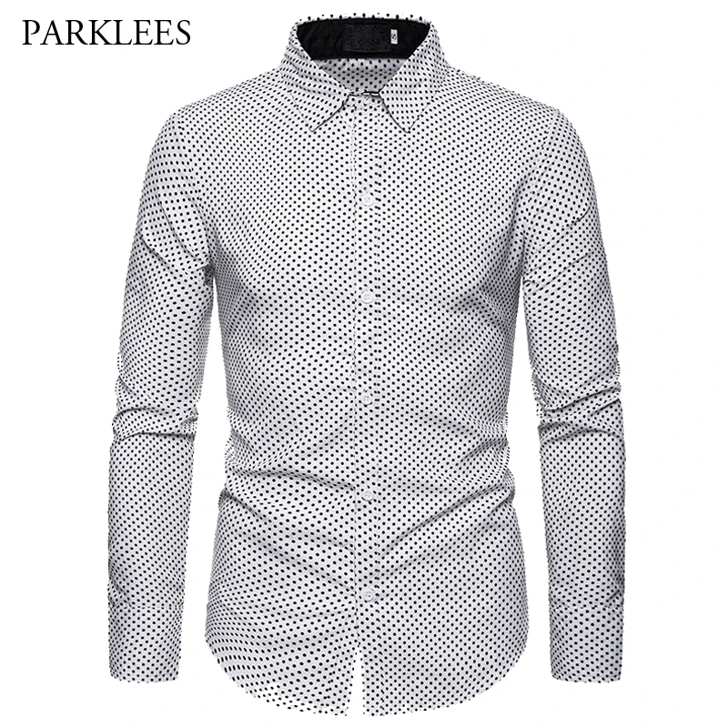 Мужская рубашка в горошек с длинным рукавом и отворотом 2019|Повседневные рубашки|