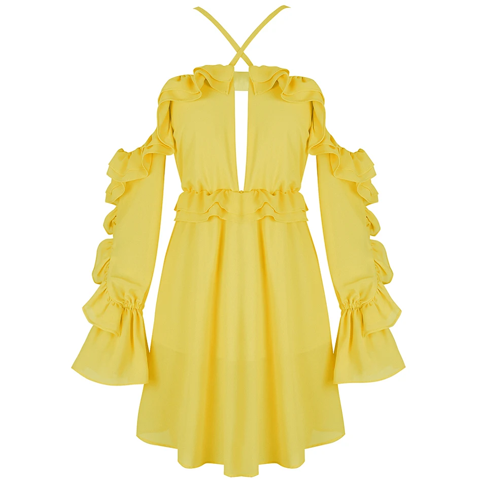 Женское платье с лямкой вокруг шеи желтое или розовое трапеция оборками