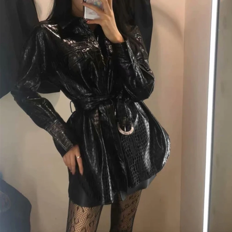

PUWD Cool Woman Black Loose Crocodile Sashes Jackets 2022 Spring Fashion Ladies Oversized Leather Coats Female Casual Outwear