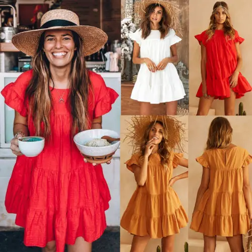 

Summer Holiday Ruffled Casual Sleeveless Loose Crew Neck Evening Party Beach Short Mini Dress Sundress Frilled Tops