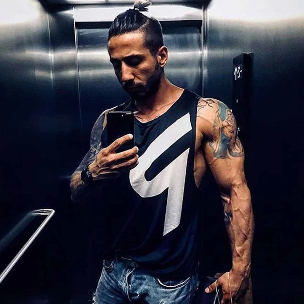 

New Men's Fitness Vest Running Sweat-Absorbent Breathable Quick-Drying Sleeveless T-Shirt R Printing Loose Comfortable Top
