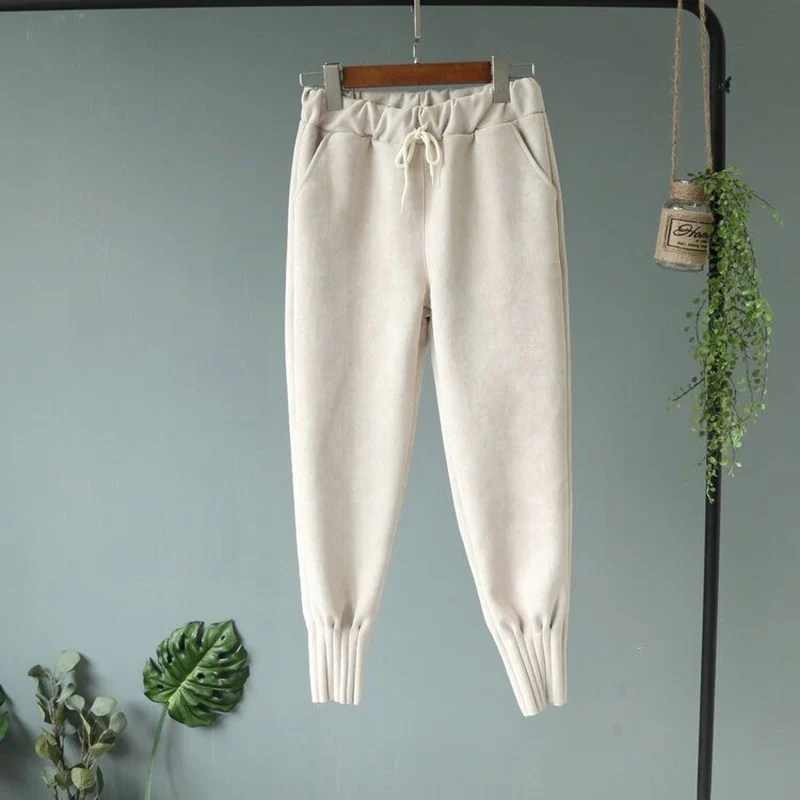 Simple Beige Зимние Замшевые женские штаны-шаровары с высокой талией и завязками, женские брюки, осень, повседневные свободные спортивные штаны для женщин - Цвет: Simple Beige