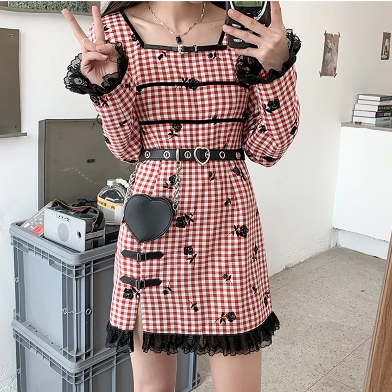 

SHENGPALAE Sweet Rose Printed Dress Women's Spring 2021 New Square Collor Slim Plaid Spliced Lace Split Mini Dresses Female 5C23