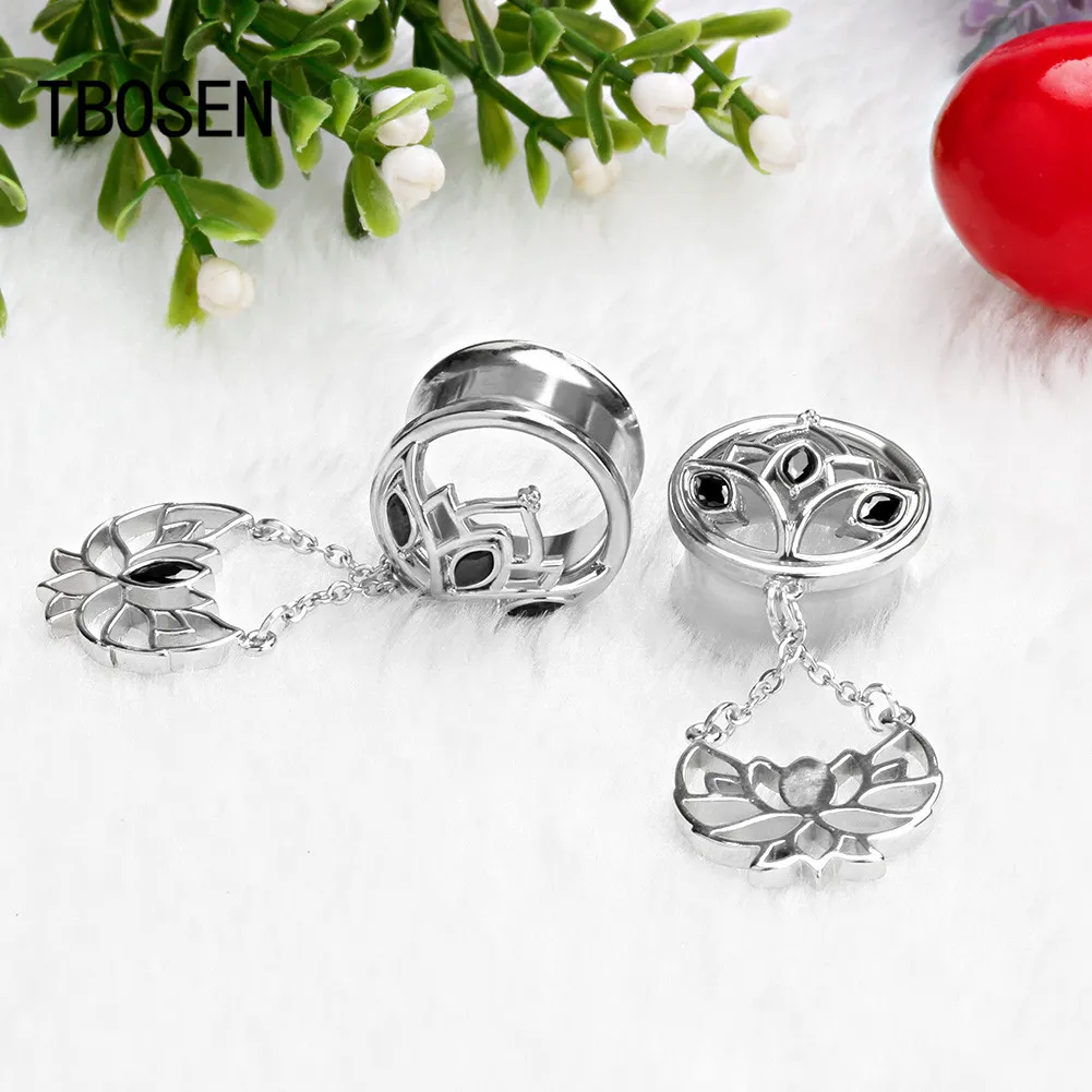 

TBOSEN stainless steel dangle piercing ear piercing plugs and tunnels gauges earrings lotus crystal extention pair selling