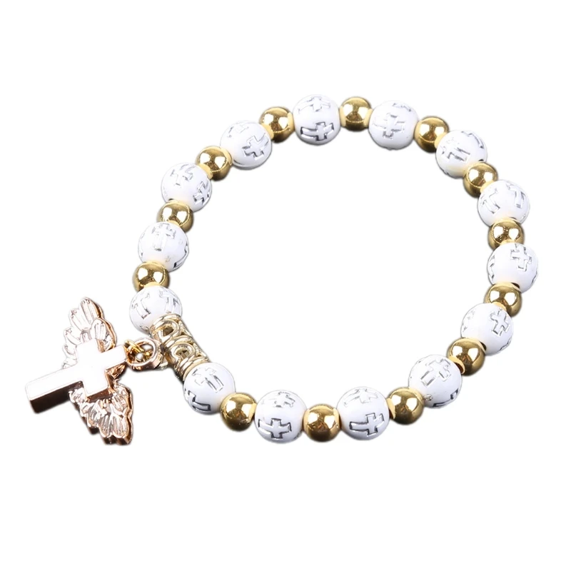 

Nice Religious Stretch Bracelets Charm Angel Cross Rosary Beads Bracelet Catholic Pendant for Women Jewelry Decor Gifts