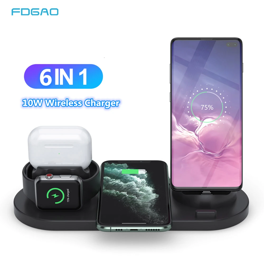 

FDGAO 6 in 1 Wireless Charger Dock Station for iPhone/Android/Type-C USB Phones 10W Qi Fast Charging For Apple Watch AirPods Pro