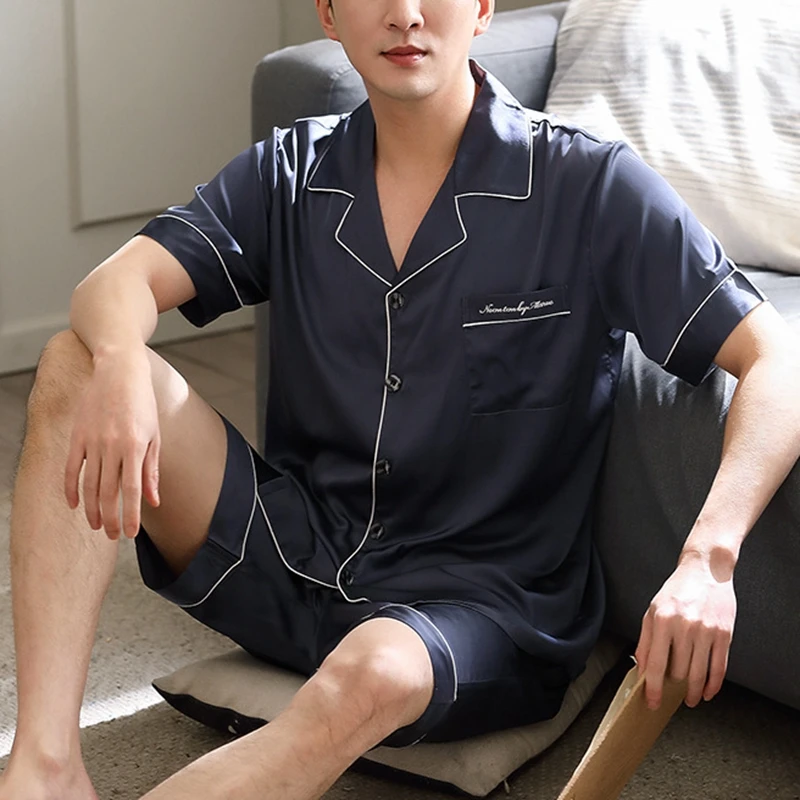 

Mens Stain Silk Pajama Sets 2021 Summer Men Sleepwear Modern Style Silk Nightgown Home Male Satin Soft Cozy Sleeping Wear