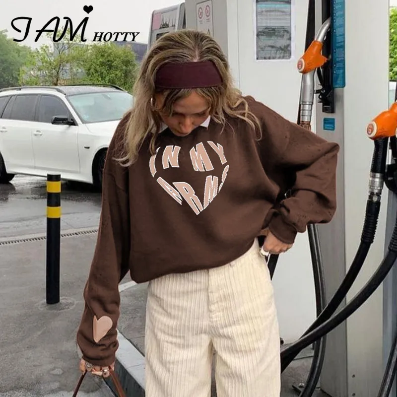 

Letter Heart Printed Oversized Hoodie Women Brown Aesthetic Grunge Sweatshirt Crewneck Long Sleeve Pullovers Autumn Iamhotty