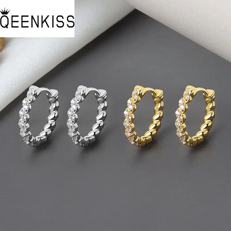 

QEENKISS EG603 Fine Jewelry Wholesale Fashion Woman Girl Birthday Wedding Gift Round AAA Zircon 18KT Gold White Hoop Earrings