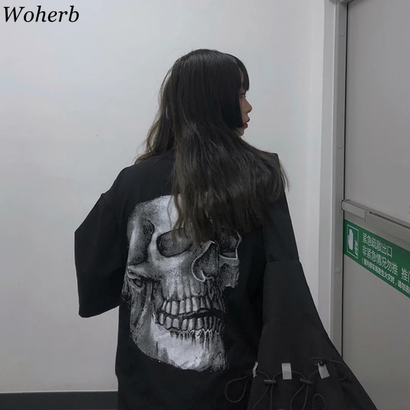 Woherb Summer 2021 Harajuku T Shirt Women Cartoon Skull Print Graphic T-shirt Loose Black Short Sleeve Tee Shirts Streetwear | Женская