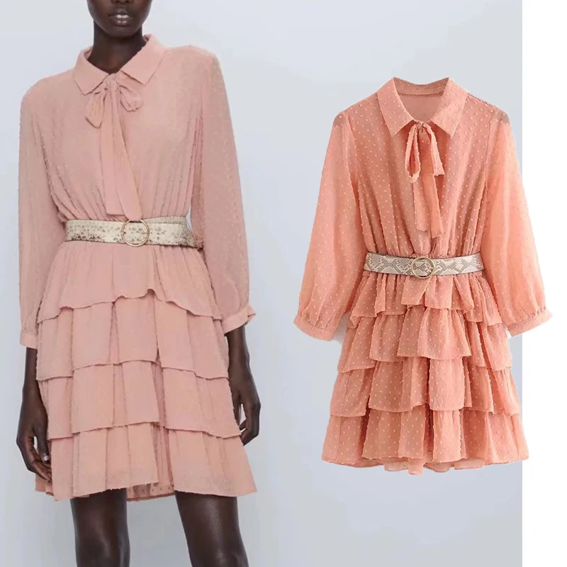 

2022 Spring Summer Women Cascading Ruffle Dress With Blet Elastic Bow Turn Down Collar Elegant Party Dress Female A-line Outfit