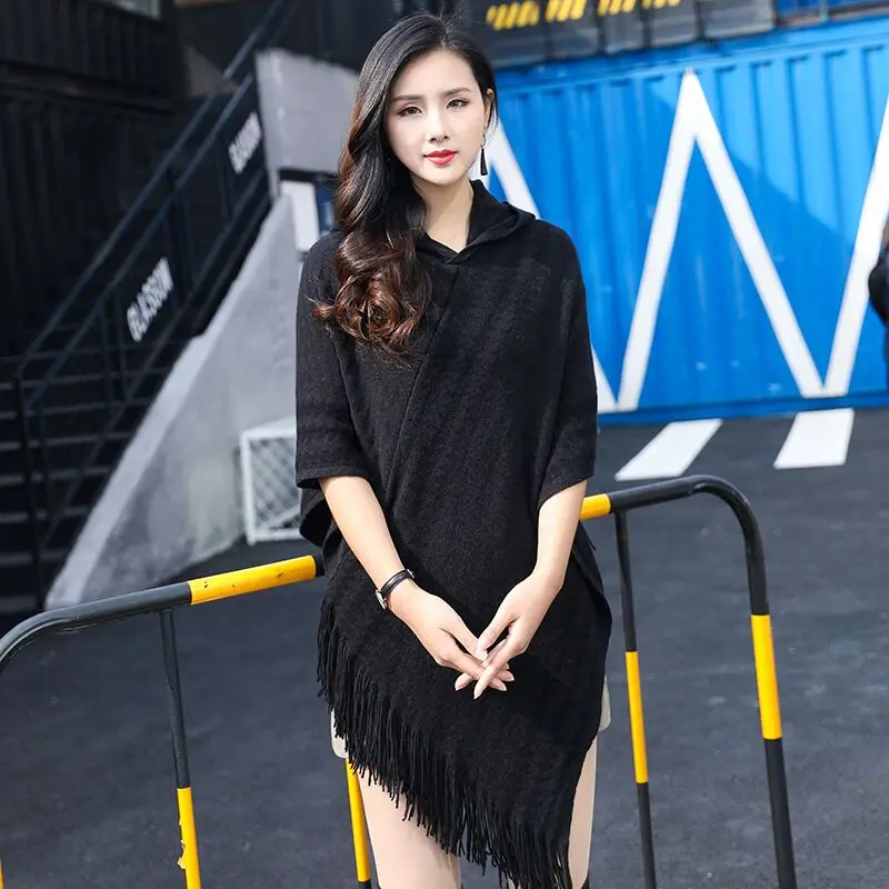 Женский однотонный плащ с круглым вырезом и кисточками для волос свободная шаль