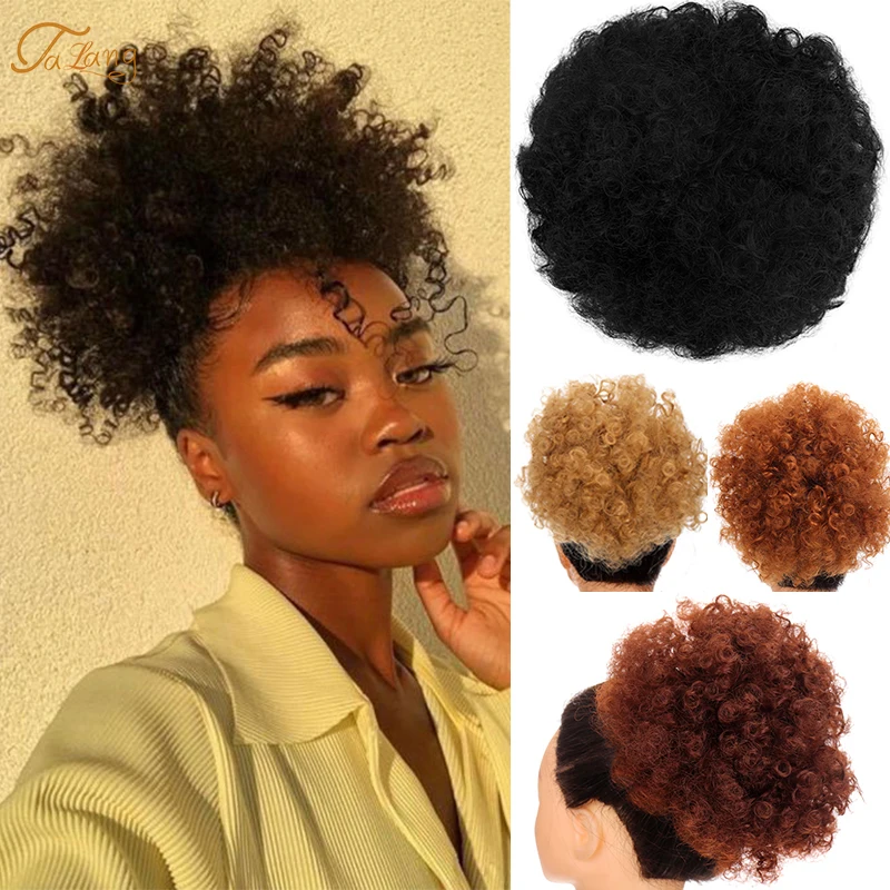 

6inch Short Afro Puff Synthetic Hair Bun Chignon Hairpiece For Women Drawstring Ponytail Kinky Curly Updo Clip Hair Extensions