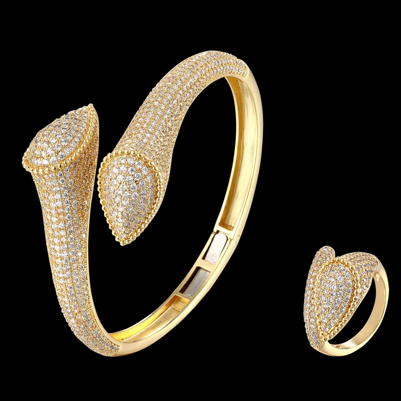 

Zlxgirl Luxury brand mirco pave zircon bangle with ring jewelry sets metal copper Gold wedding bracelet bridal bijoux love gifts