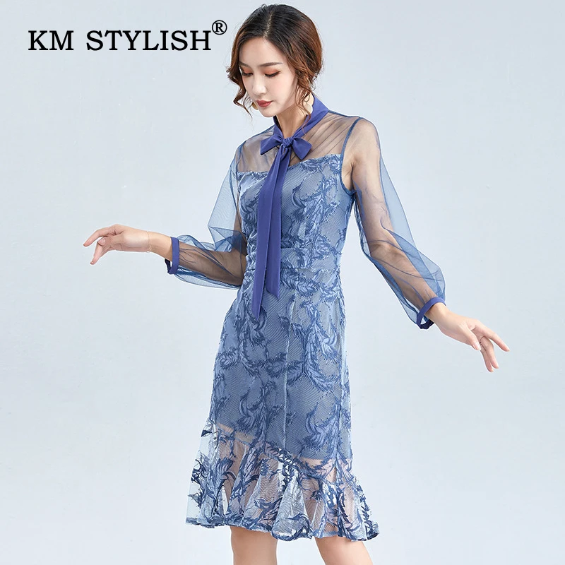 

Women Mesh Embroidery Mermaid Dress Patchwork Elegant Bow Neck Long-sleeve Fashion Dress Slim