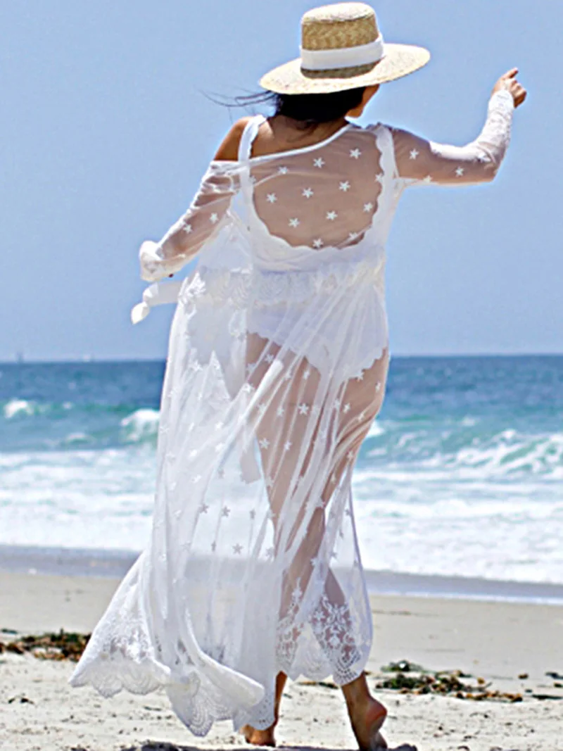 Fitshinling 2020 Holiday Lace Beach Cover Up Swimwear Transparent White Sexy Hot kimono Boho Long Cardigan Bikini Outing Sale | Женская