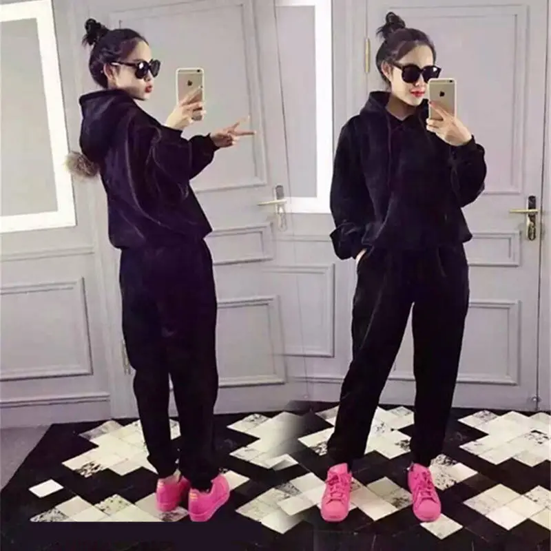 women sportswear tracksuit winter thickness fleece warm hoodies sweatshirt+pant running jogging fitness casual set sport suit |
