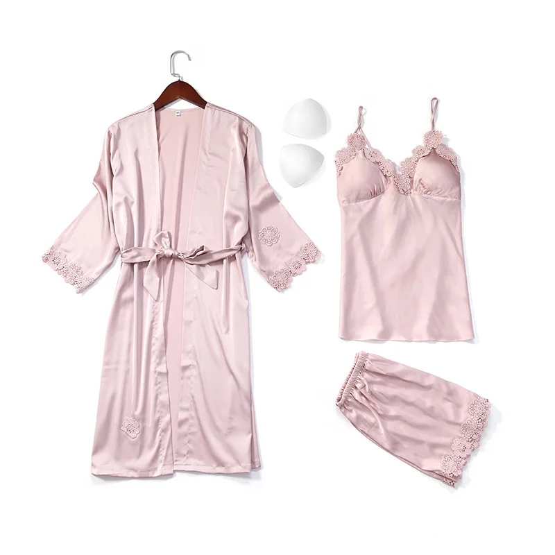 

Spring And Autumn Women's Simulation Silk Home Pajamas Three-piece Set Fresh And Generous V-Neck Home Wear