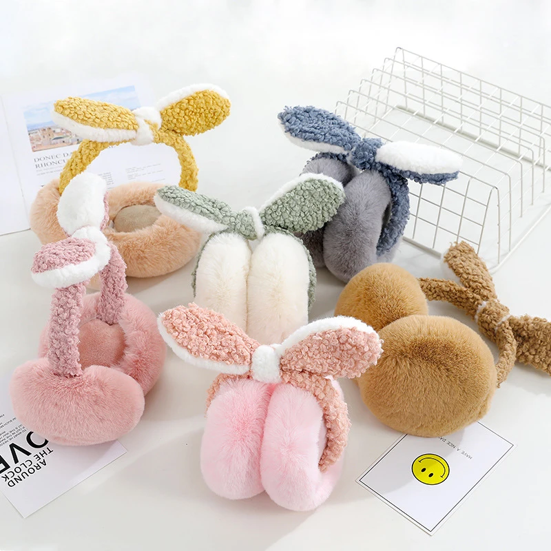 

Winter Anti-cold Earmuffs Cute Removable Bow Fluffy Earmuffs Solid Color Thick Plush Earflap Accessories For Children Adult
