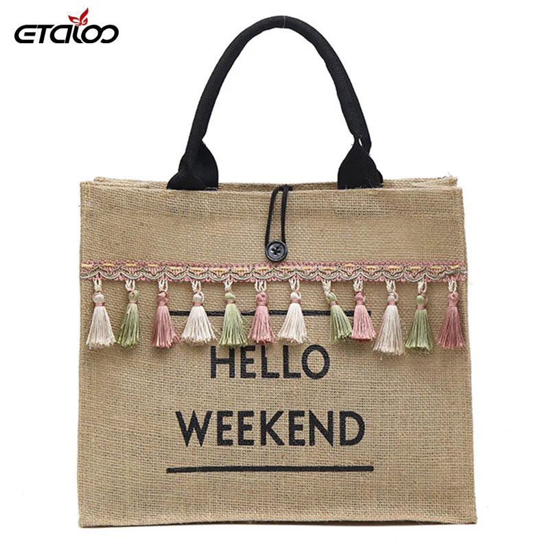 

Women Summer Beach Bags Handbags Large Capacity Lady Tassel Shoulder Bag Big Letter Linen Totes Casual Girls Travel Shopping Bag
