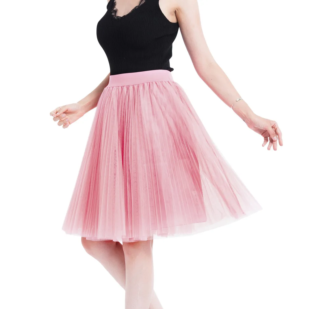 

Women Mesh Skirt Candy Color Princess Sweet Pleated Skirts For Ladies Lace Sexy Spring Hight Waist Elastic Mini Skirt Black Red