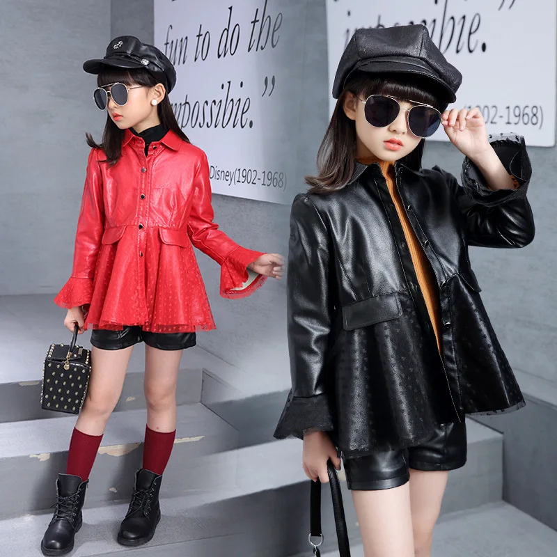 Весенне-осенняя куртка из искусственной кожи с рукавами-лепестками для девочек