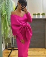 vintage short satin v neck evening dresses with bow long sleeve zipper back bodycon rose red formal party dress for women