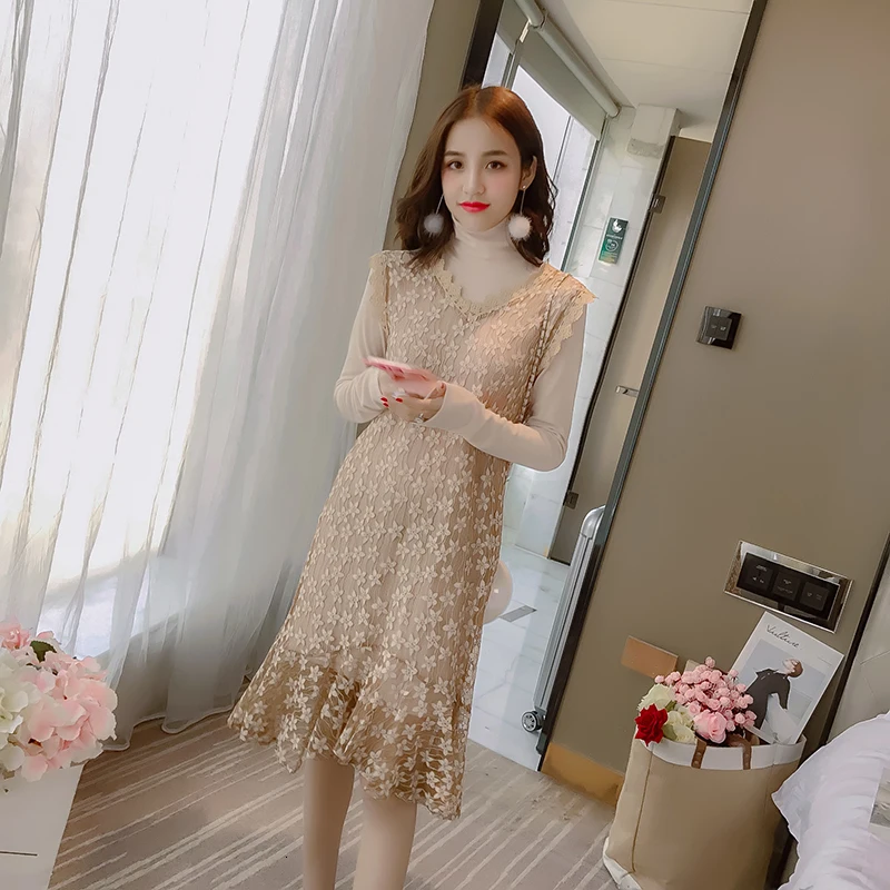 Новинка 2019 Осенний Женский комплект из двух предметов кружевное платье с длинным