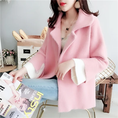 Pink Норковый кашемировый вязаный женский свитер короткий кардиган пальто осень зима модные мягкие свитеры Толстая теплая верхняя одежда женская - Цвет: Pink