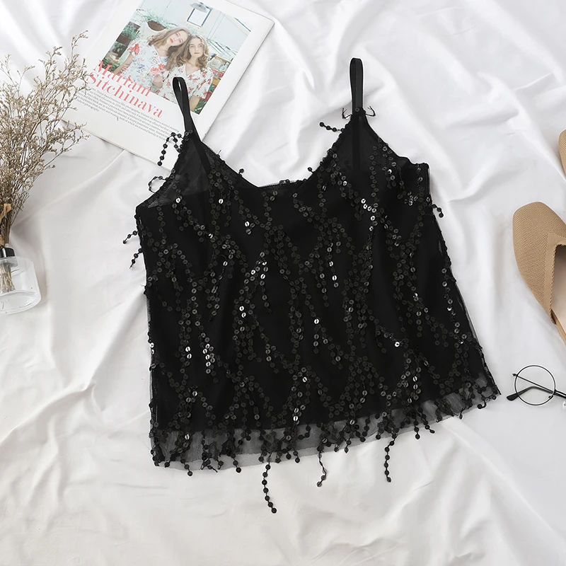 Женский укороченный топ с кисточками и блестками на лето | Женская одежда